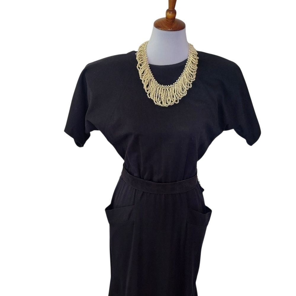 Vintage Black Sheath Dress with Dolman Sleeves and Bib Collar - Picture 2 of 16